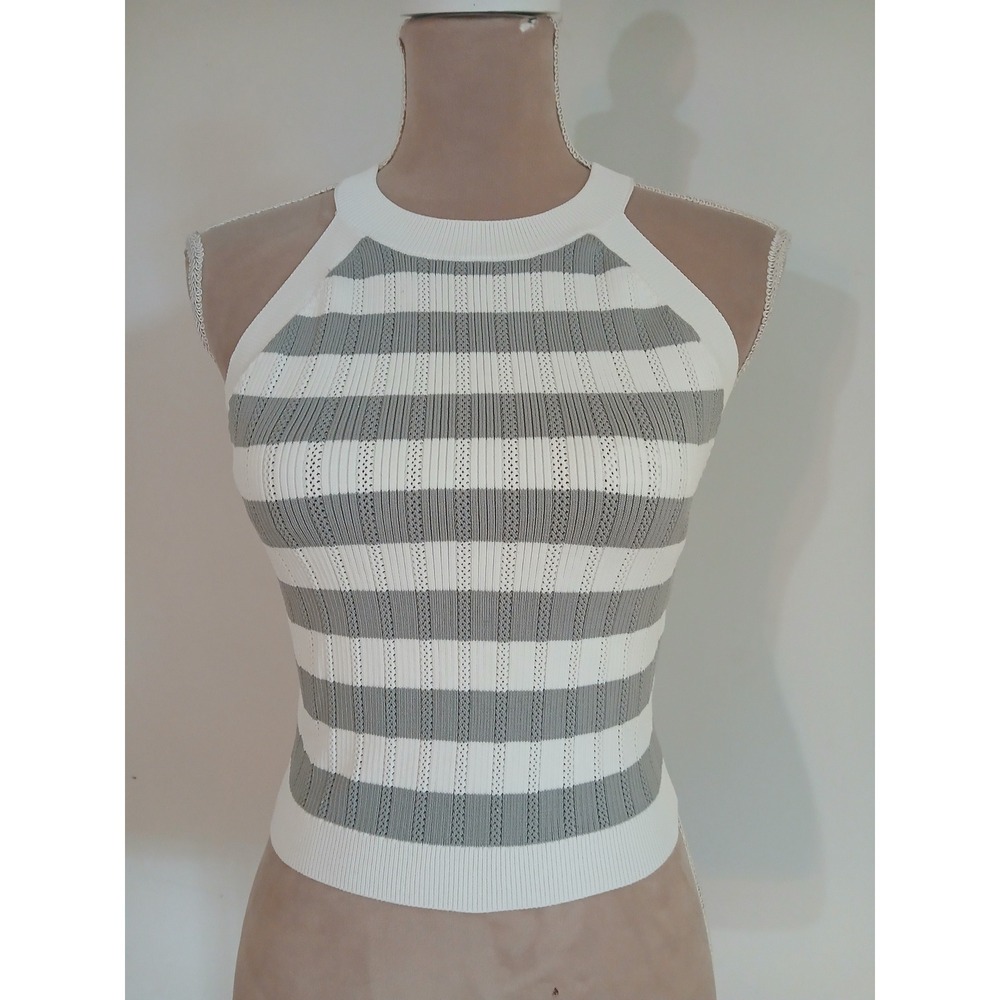 Happily Grey Womens White Grey Striped Ribbed Knit Halter Sleeveless Top Size L